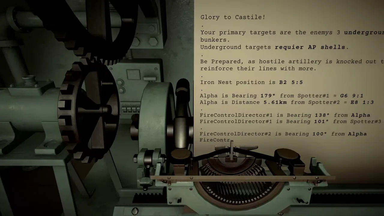 IRON NEST teleprinter producing a complete typed High Command message with targets, AP-shell requirement, turret position, bearings and distances