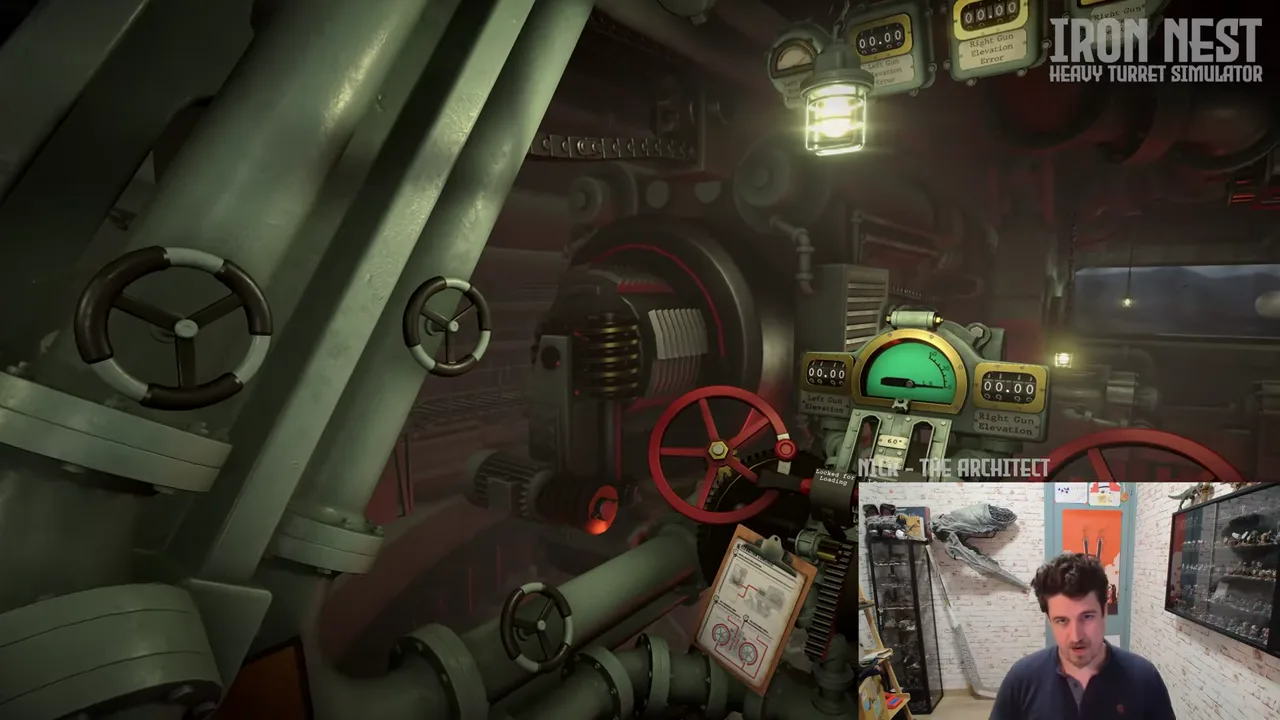 IRON NEST left and right gun elevation controls with red wheels, mechanical counters, gauges and heavy support structures