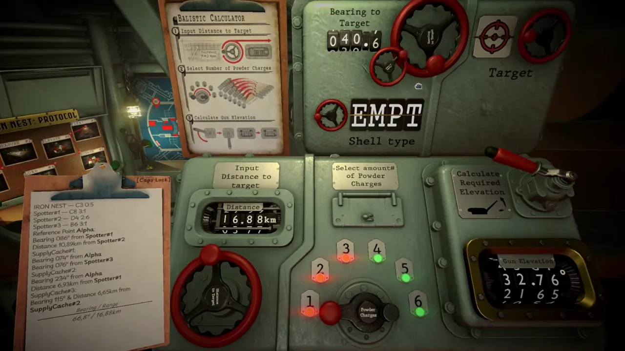 Official IRON NEST demo-video frame showing the operator workspace used to check objective information and artillery configuration.