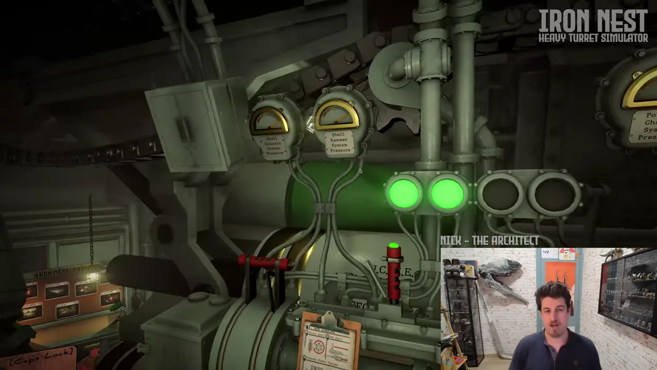 Official IRON NEST developer-video frame showing the operator workspace and its separate mechanical control stations.
