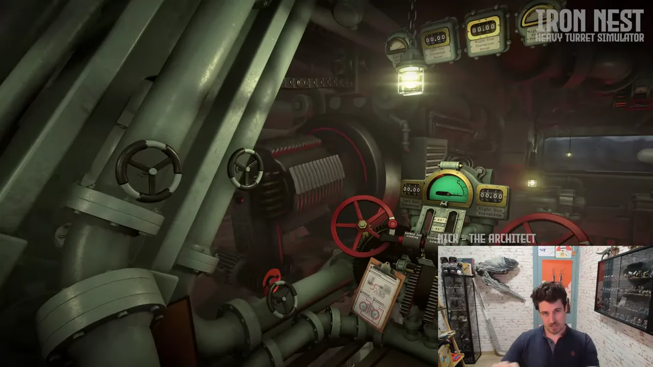 Official IRON NEST developer-video frame showing the heavy-turret work area where map, calculation and gun state must be reconciled.