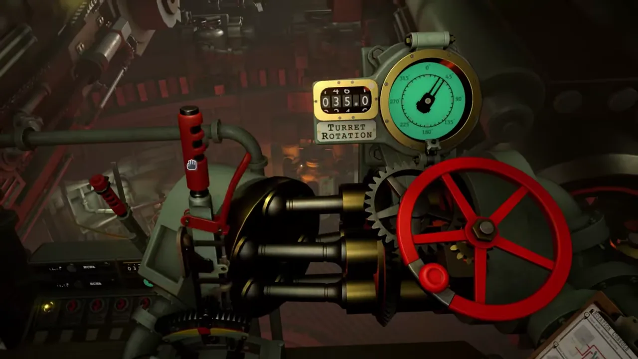 Official IRON NEST launch-trailer frame showing a dim turret workstation with papers, machinery and a control panel.