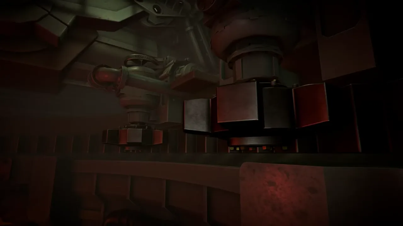 Close view inside the IRON NEST turret showing massive geared gun mechanisms and breech assemblies under red warning light